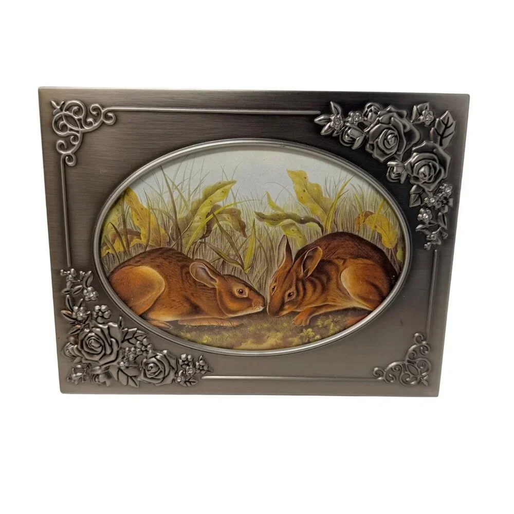 Vintage Pewter‎ Oval Photo Frame Floral Roses Cottage Style Tabletop Decor